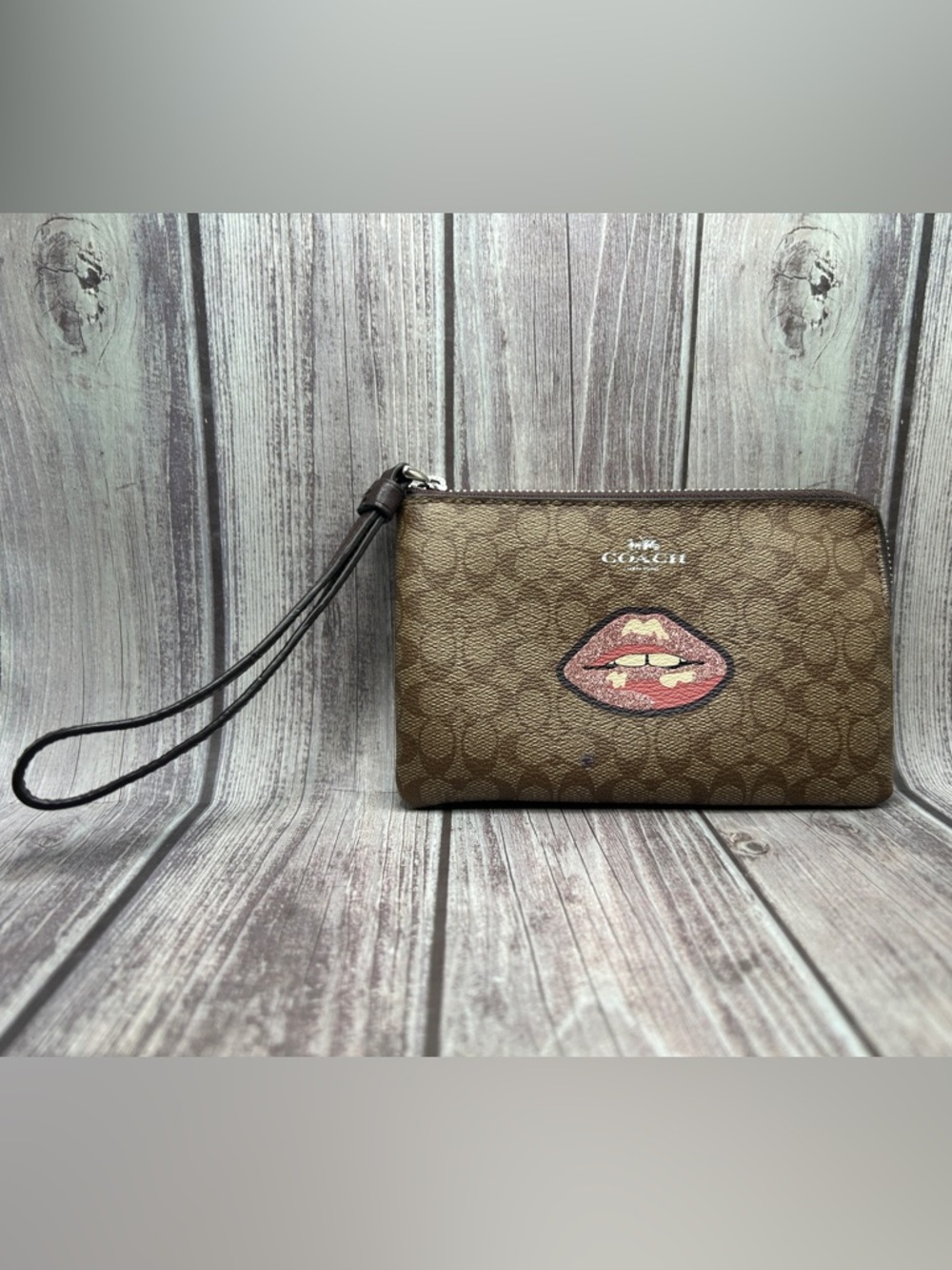 Coach Brown Signature Canvas Wristlet with Pink Lip Patch - Picture 4 of 15
